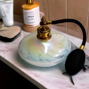 Vintage Iridescent White Art Glass Perfume Bottle with Black Atomizer Hand-Blown